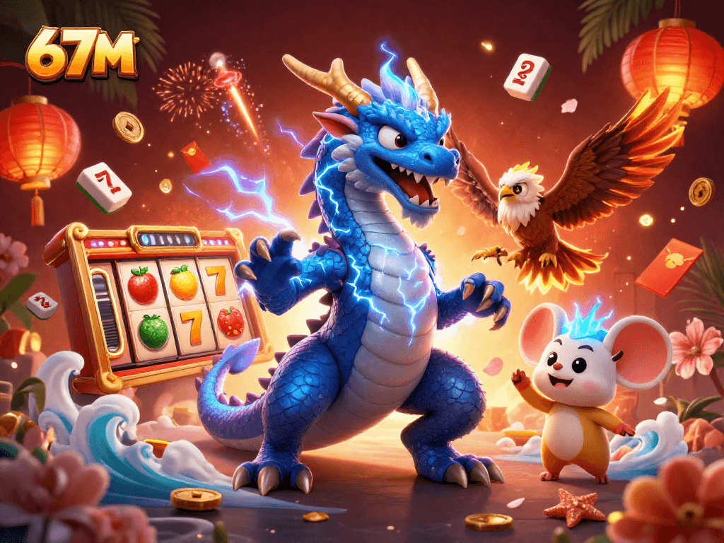 Aproveite emocionantes slots com 67M: dragão, ave e rato energeticamente jogando.