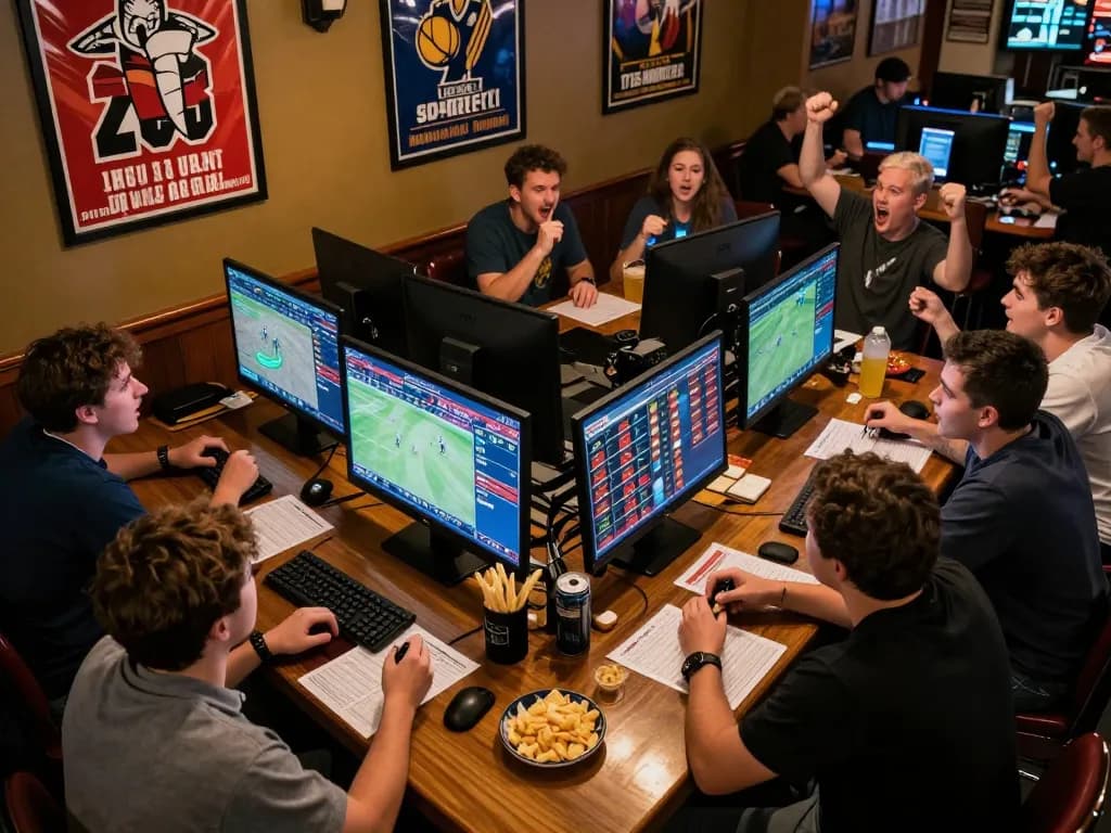 Excited sports enthusiasts place bets on 99win in a vibrant sports bar atmosphere.