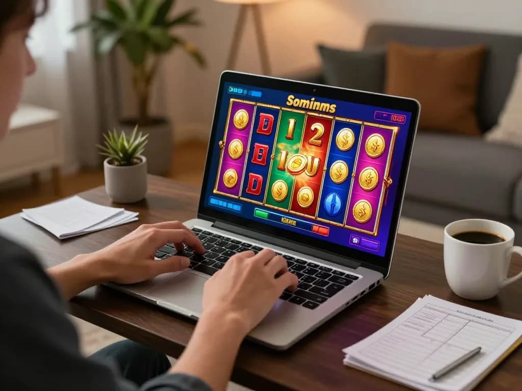 uu88 okwin player engaged in online slots, celebrating wins in a cozy home setting