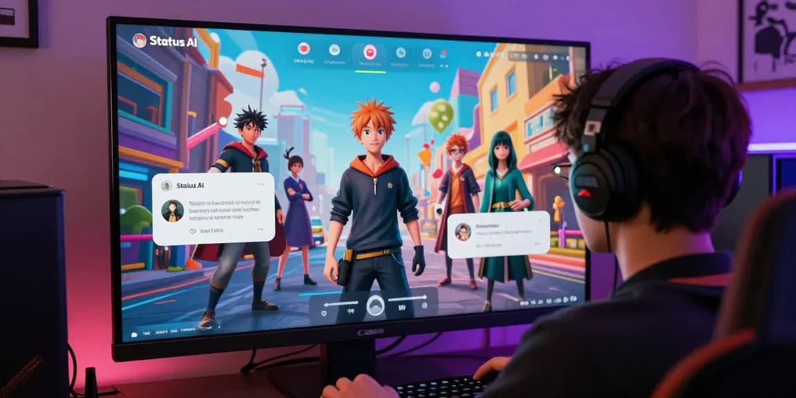 Engaged player exploring the Status AI app, interacting with vibrant character avatars and social media dynamics, showcasing the game's immersive features.