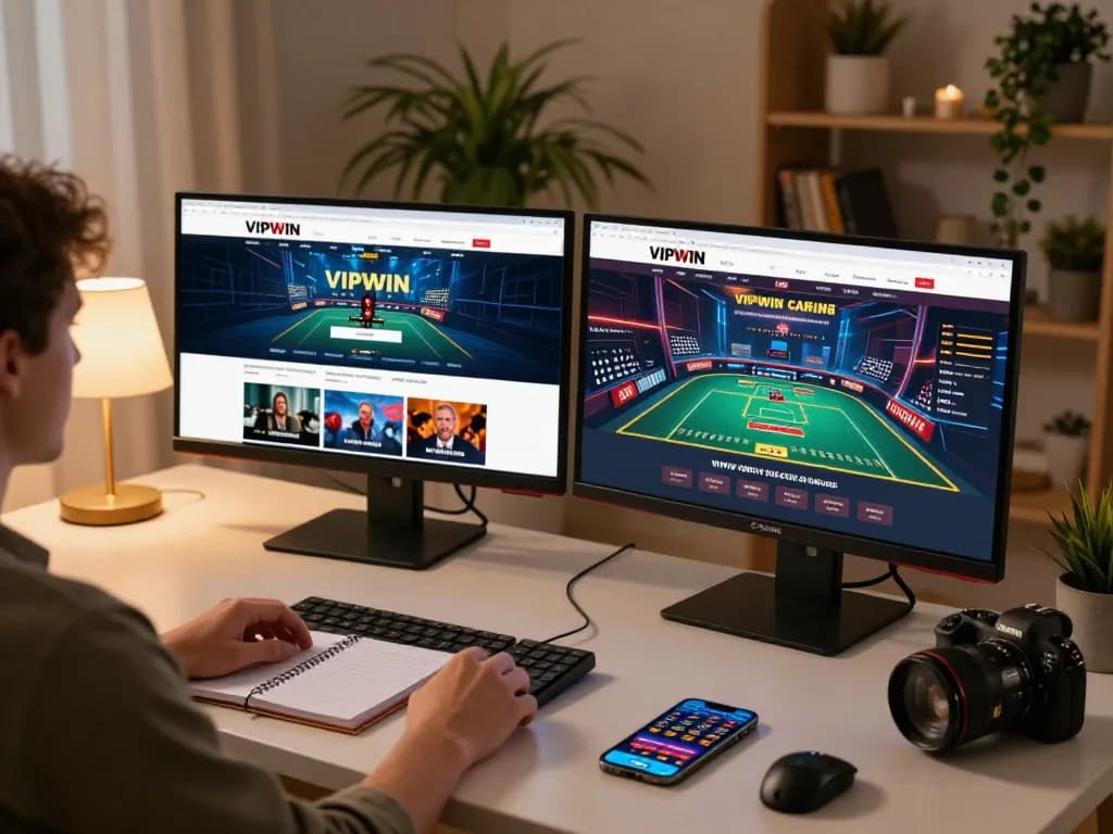 Engaging in online gaming at VIPWIN, with dual monitors showing live dealer games and casino promotions.