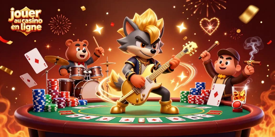 Scène 3D engageante montrant un loup jouant de la guitare tout en célébrant une victoire au jeu, thème jouer au casino en ligne