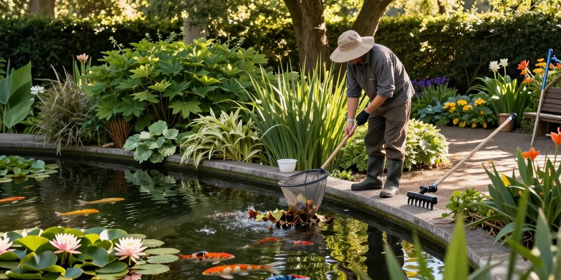 Professional Pond Cleaning Surrey with a pond cleaner removing leaves and debris from a tranquil garden pond.