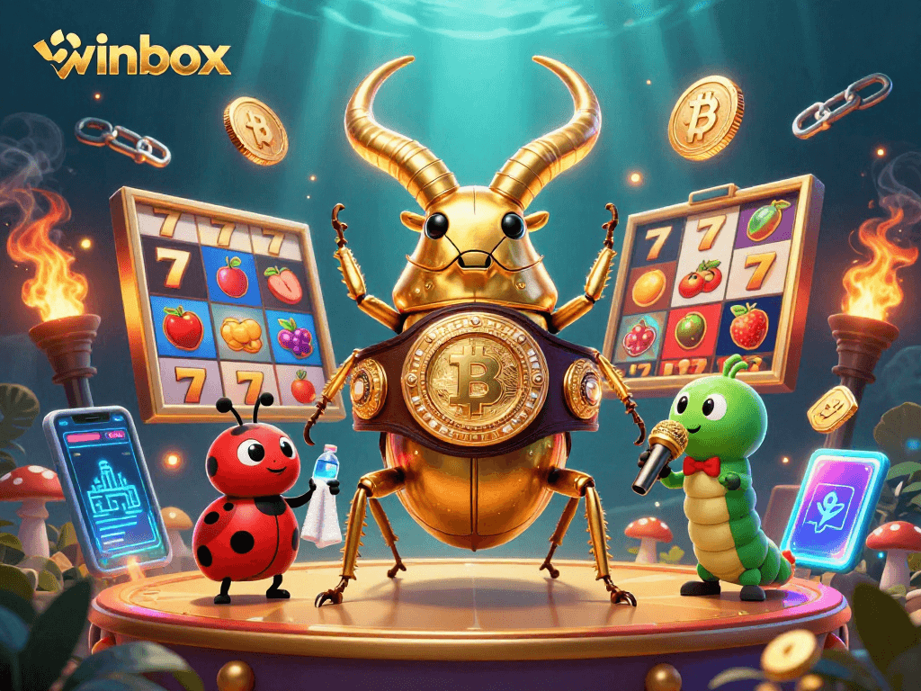 Winbox games with a golden stag beetle and ladybug corner-man in a vibrant casino environment