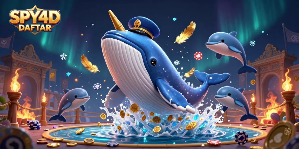 Mendaftar di SPY4D DAFTAR sambil bermain dengan paus kartun ikonik dan dikelilingi koin emas, simbol kemenangan kasino.