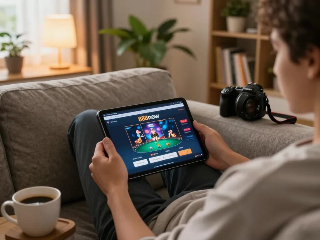 Engaging in online poker with 888now đăng nhập on tablet in a cozy living room setting.
