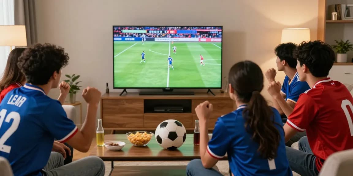Menonton live bola bersama teman di ruang tamu yang hangat dan ceria.