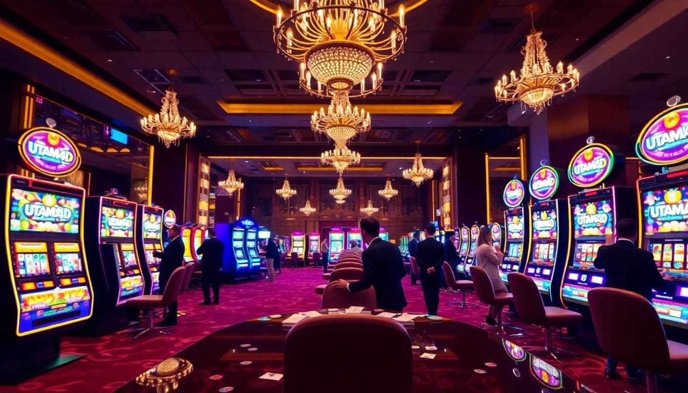 Kegembiraan jackpot pada mesin slot UTAMA4D dengan warna-warna cerah dan para penjudi yang elegan.