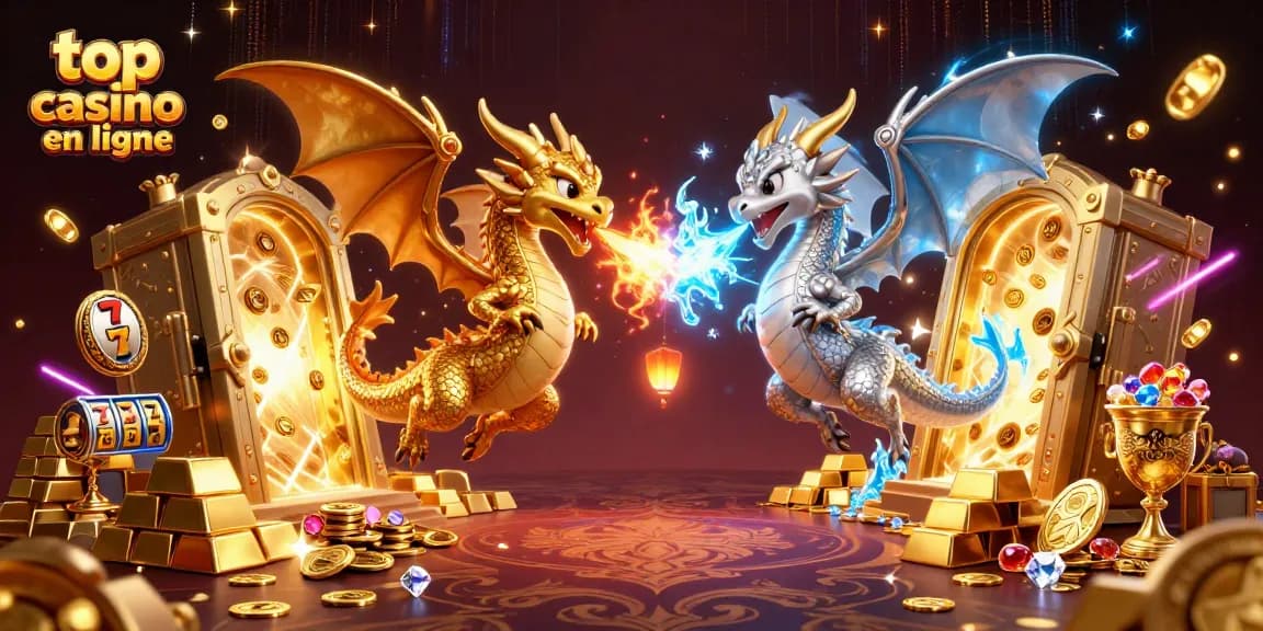 Découvrez le top casino en ligne avec cette illustration 3D captivante des dragons liés par le feu et la glace.