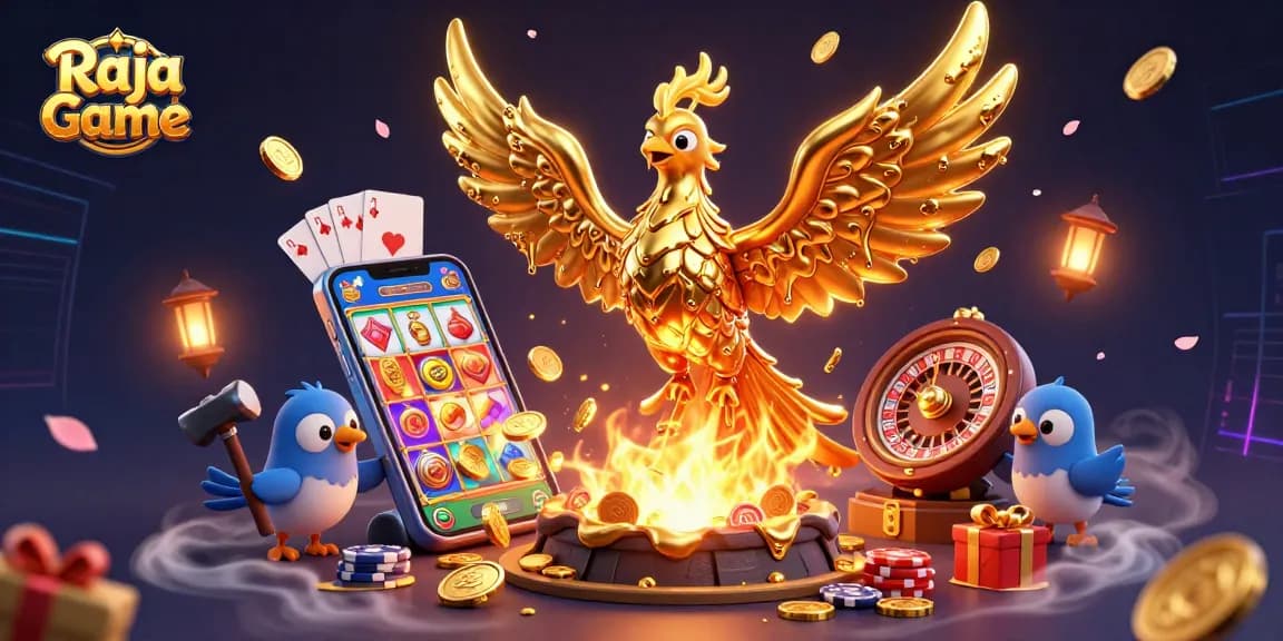 Engage with Raja Game's immersive experience featuring a golden phoenix, vibrant slot game, and dynamic casino elements.