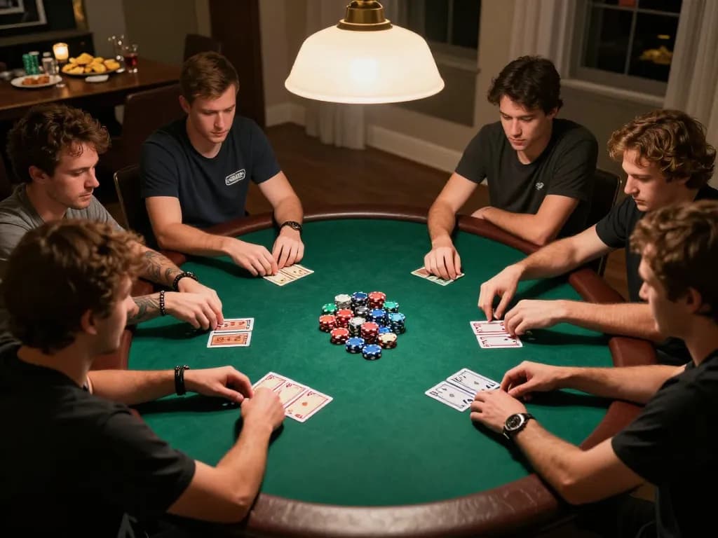 View of a lively poker night at home showcasing players engaging in their game with fly88 branding, colorful chips, and cozy ambiance.