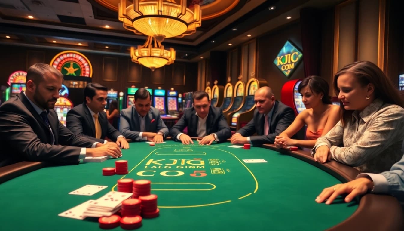 Experience KJC COM's thrilling gaming environment at a lively poker table.