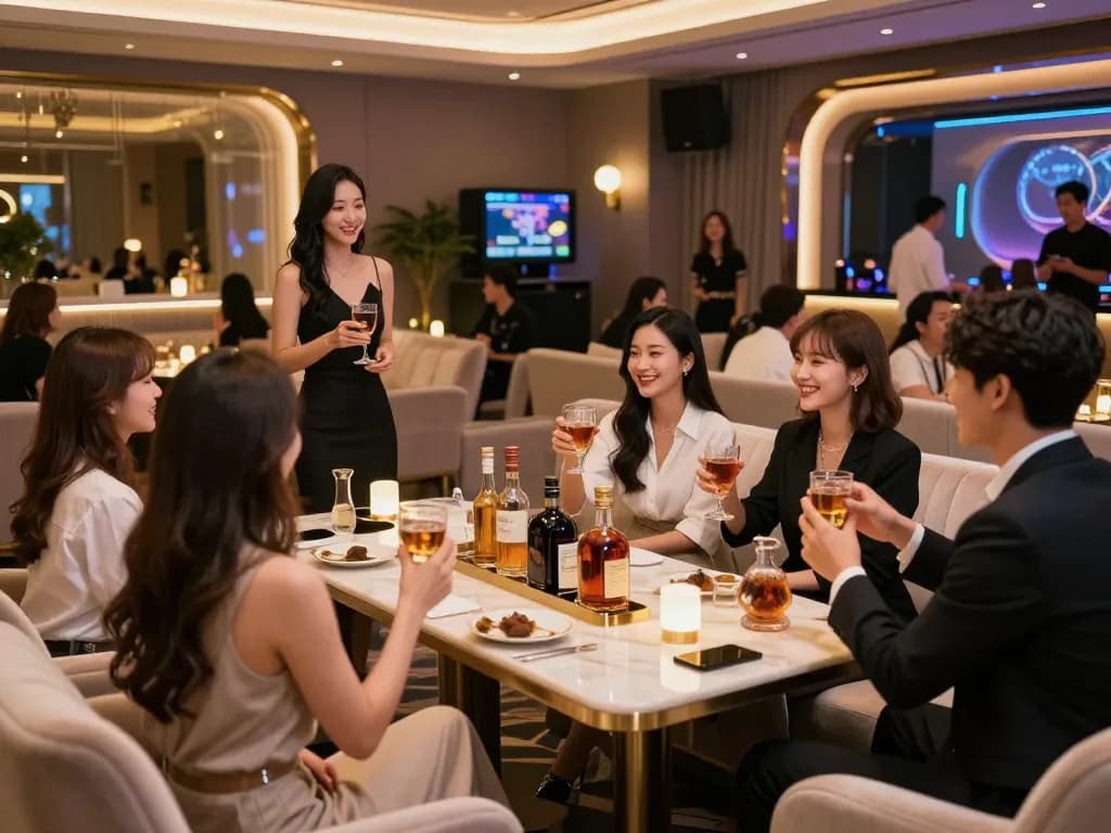 Guests enjoying the upscale atmosphere of 강남쩜오, featuring stylish decor and engaging hosts.