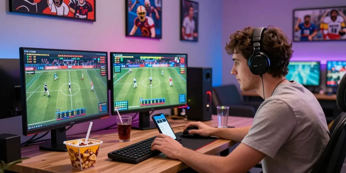 Agen Parlay Idngoal - Engaging online sports betting scene with passionate players and vibrant gaming setup.