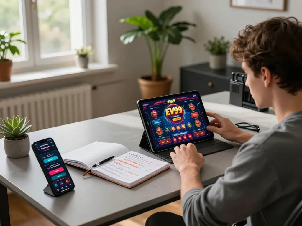 Engaging player using EV99 app on tablet in a cozy home gaming setup.