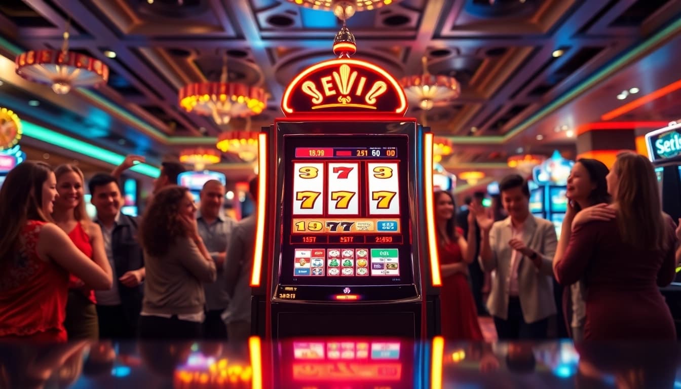 Menangkan jackpot dengan slot gacor yang dikelilingi pemain yang merayakan kemenangan.