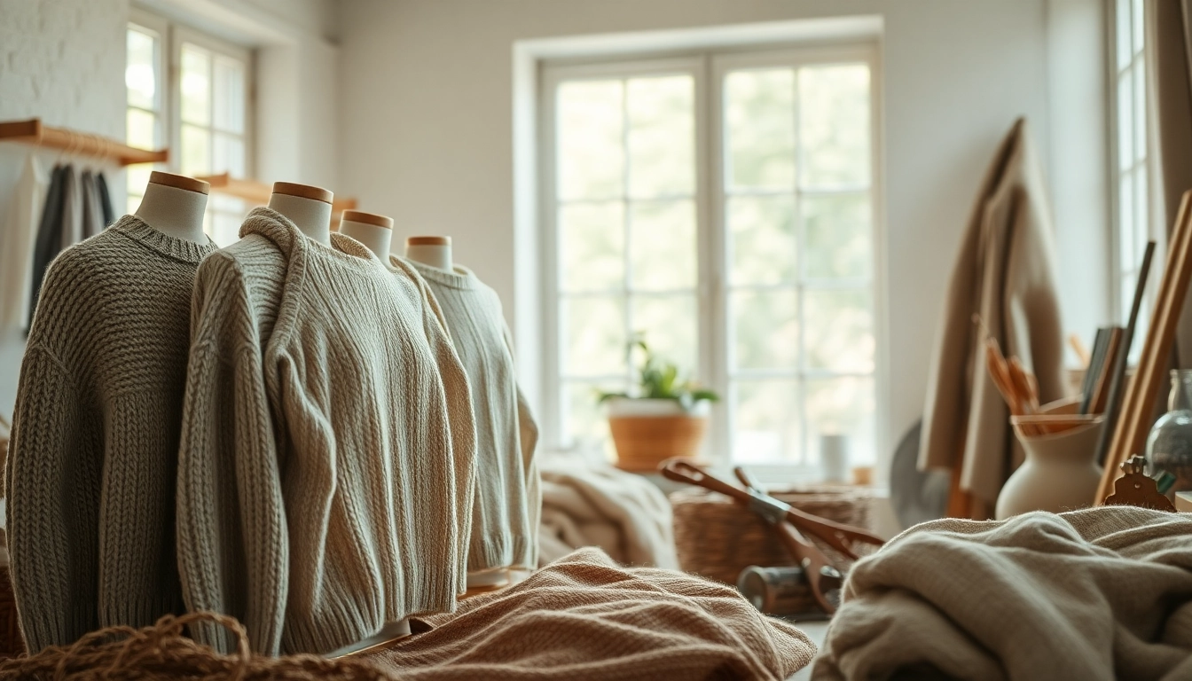 Showcase unique handmade garments from https://www.ound-ound.com in a natural, warm setting.
