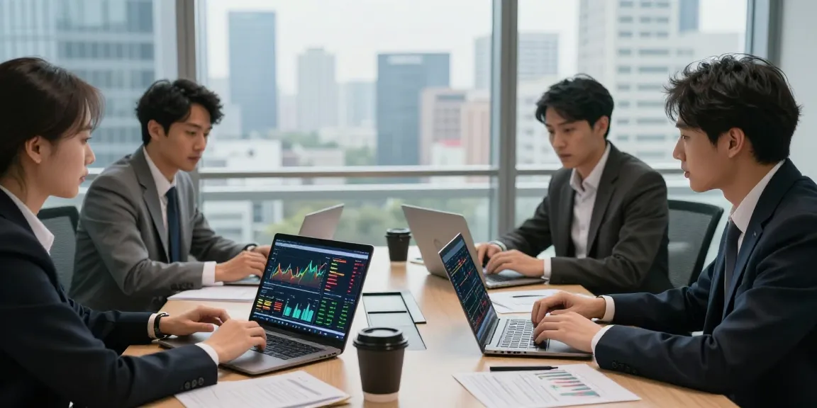 Professionals analyzing real time market data together in a modern office setting.