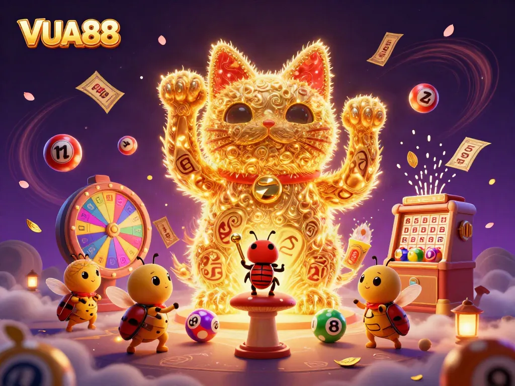 Play and win big with VUA88 as lucky fireflies and casino symbols celebrate together.
