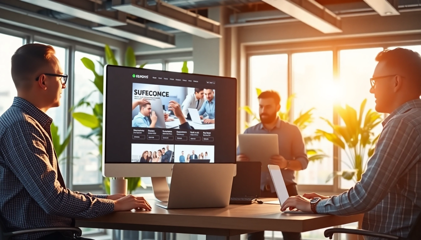 Creating stunning edmonton web design through collaboration in a modern office.