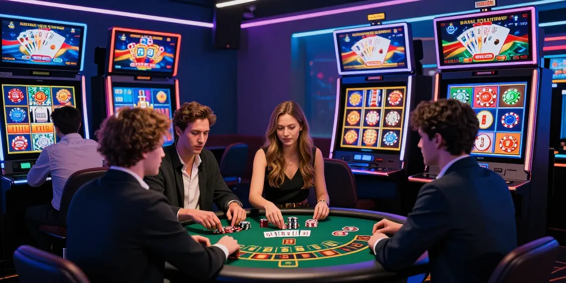 Des joueurs captivés profitant de divers jeux tout en jouant au casino en ligne, dans une ambiance de casino en ligne dynamique.