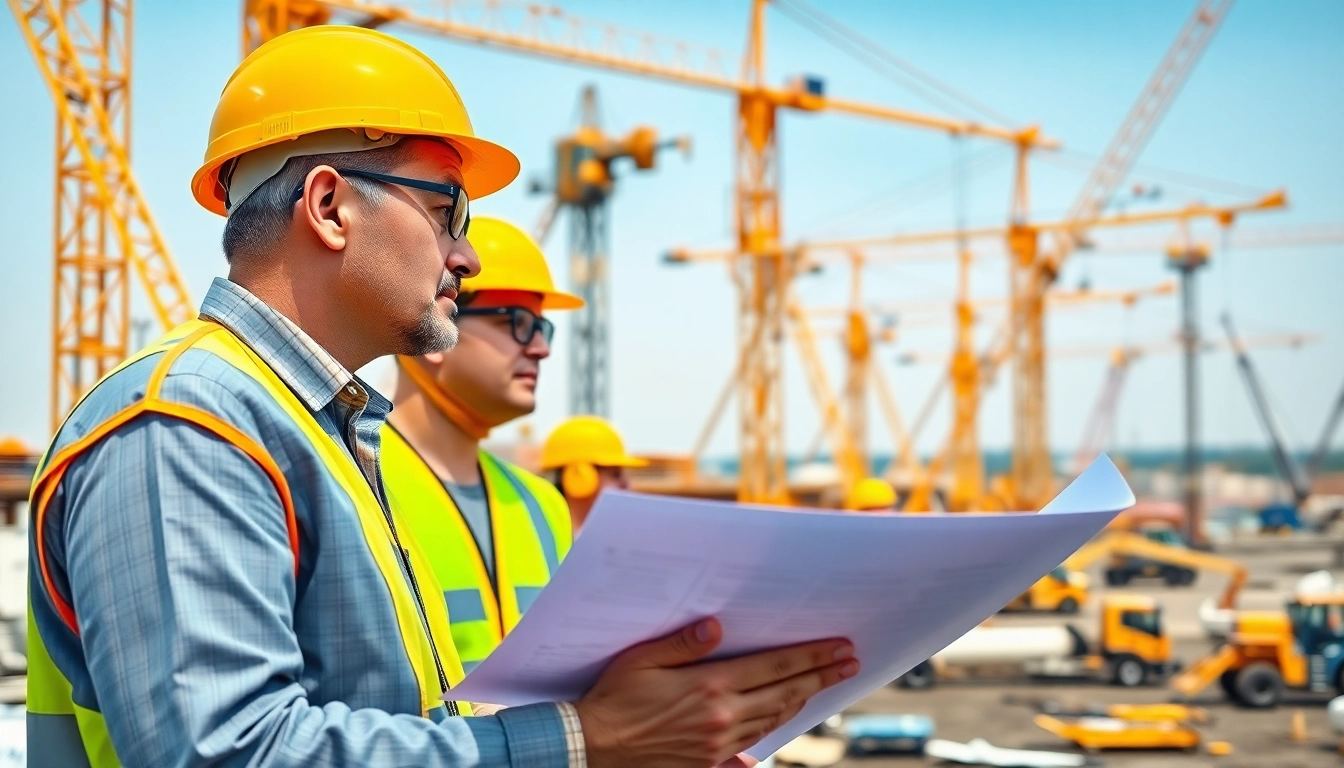 New Jersey Construction Manager directing a busy construction site with blueprints and workers.