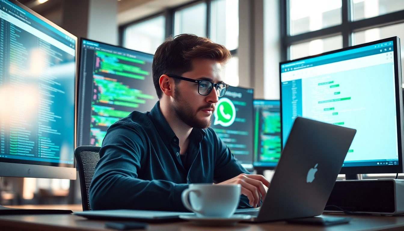 Engaging developer working on integration with whatsapp api in a bright, tech-focused workspace.