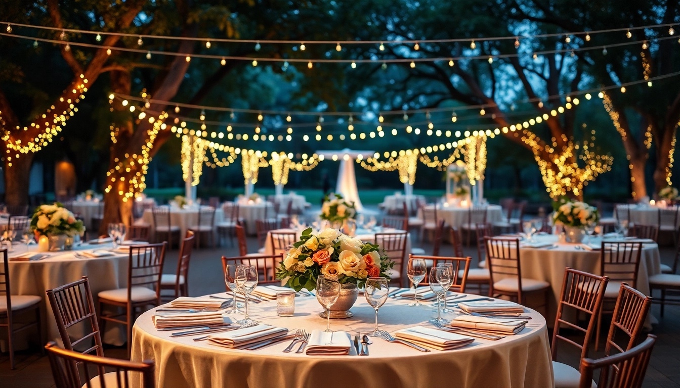 Event Rentals setup with elegant tables and floral arrangements in a beautiful outdoor setting.
