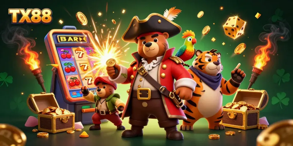 Win big at TX88 with fun-filled characters and dynamic casino elements in this vibrant illustration.