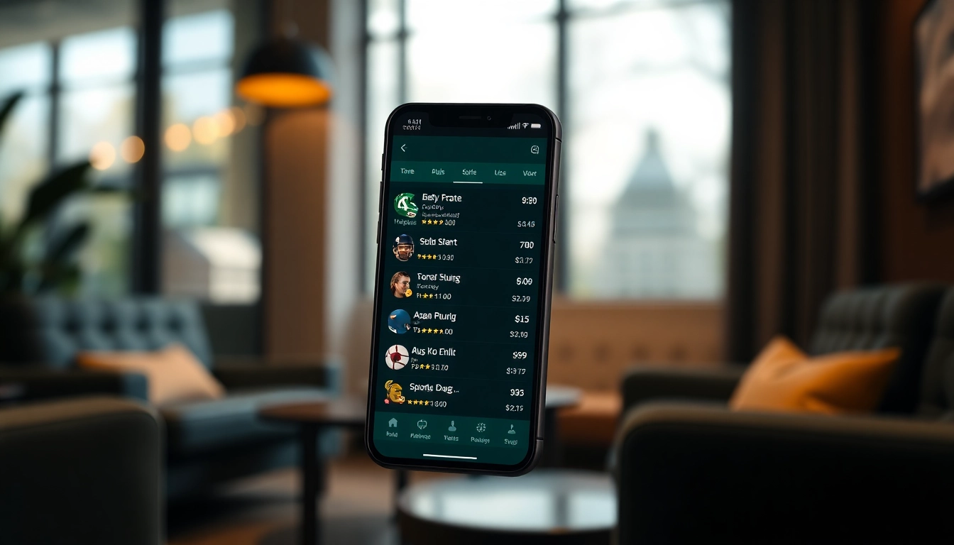 Explore the best sports betting apps in India showcased on a smartphone interface in a modern lounge.