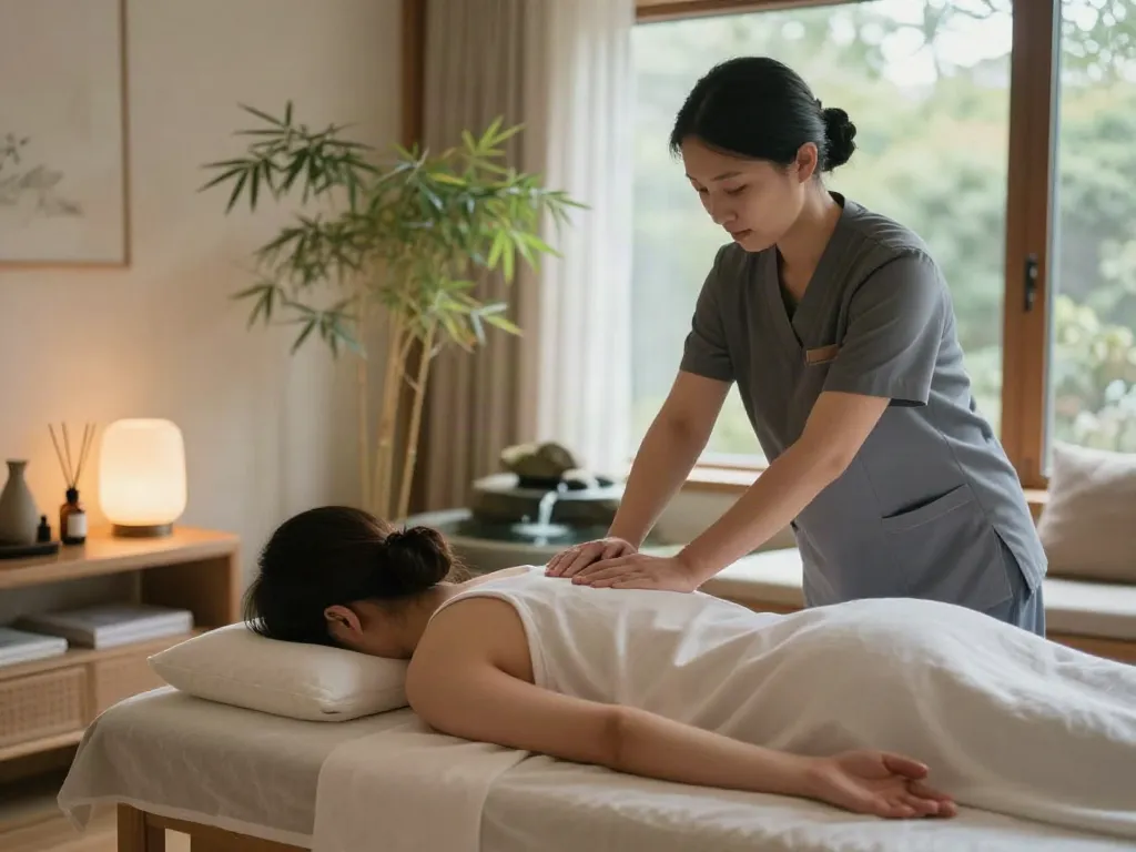 Relaxing scene of 관악구출장마사지 in a serene living room with a calm therapist and ambient lighting.