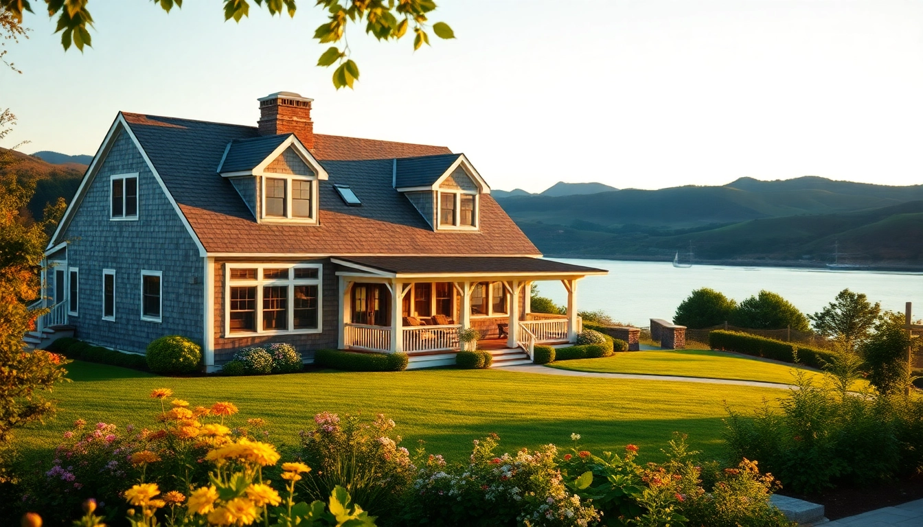 View of a cape cod home amid scenic gardens and rolling hills at golden hour.