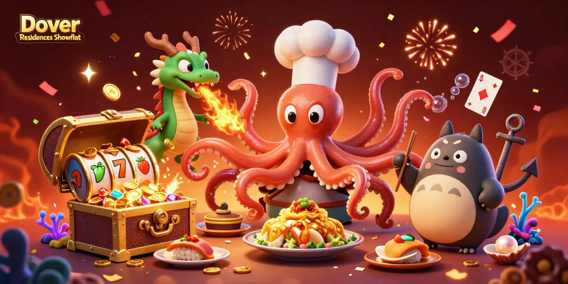 Dover Residences Showflat features lively cartoon characters engaging in a vibrant casino atmosphere filled with treasures.