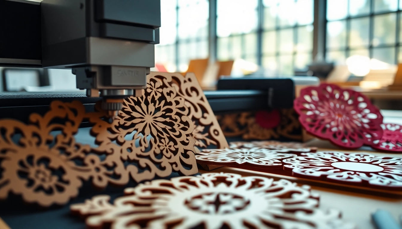 Showcasing intricate laser cutting designs in a vibrant workshop setting with colorful templates.
