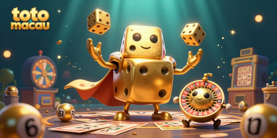 Menggandakan angka dengan toto macau di mesin lotere bergaya 3D, kartu undian dan bola hadiah memeriahkan suasana.