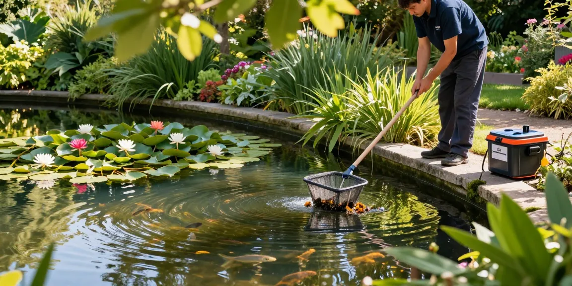 Pond Clean Surrey services in action, technician cleaning garden pond in a serene setting.