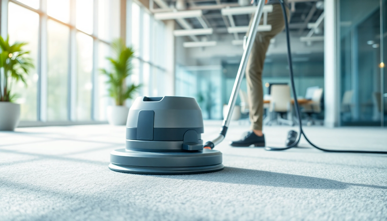 Engaging commercial carpet cleaning scene with advanced equipment and pristine carpets in a modern workspace.