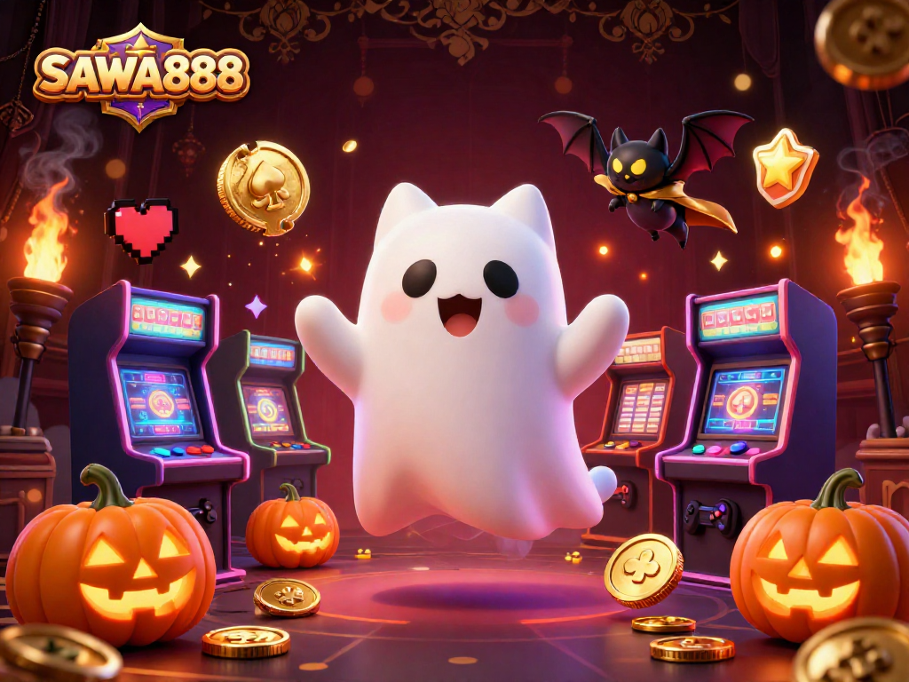 Experience the thrill of SAWA888 as the friendly ghost cat navigates a vibrant casino, surrounded by glowing game machines and playful jack-o-lanterns.
