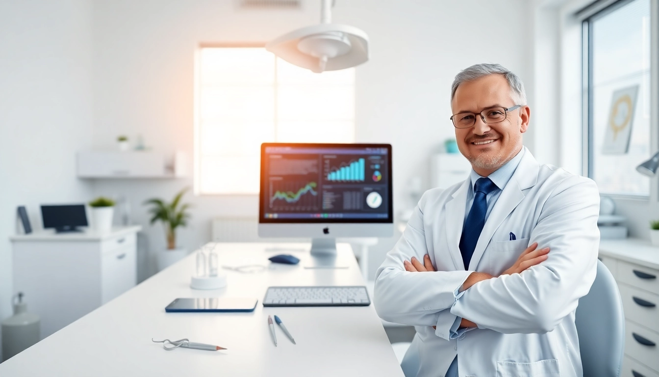 Optimierung von SEO für Zahnärzte mit modernem Zahnarztbüro und Analysesoftware im Hintergrund.