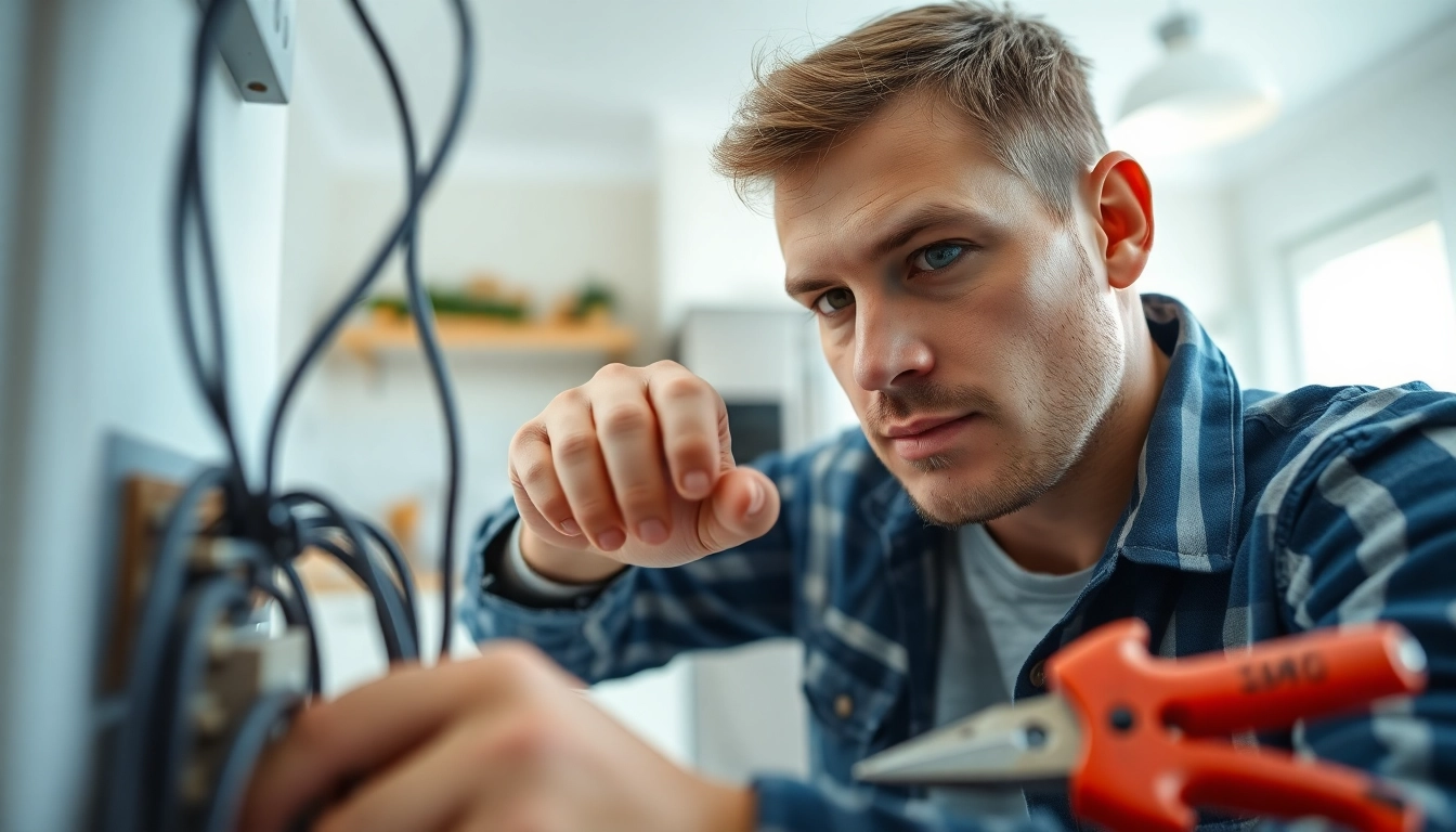 Electrician engaged in electrical service maintenance showing tools and expertise.