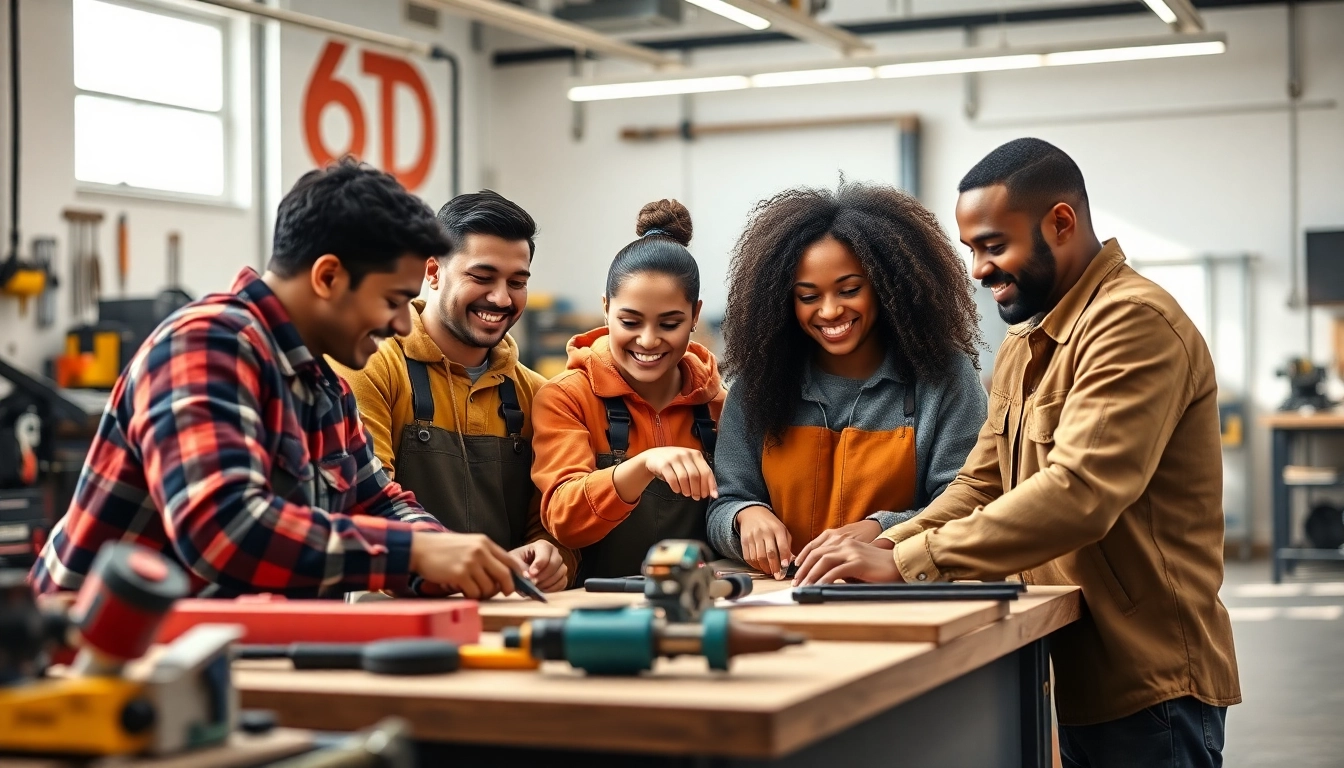Engaging scene of skilled trades training with diverse students collaborating in a workshop.