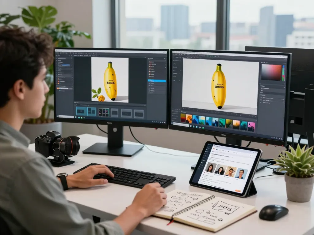 Creative professional editing images on Nano Banana AI platform in a modern workspace, showcasing vibrant atmosphere.