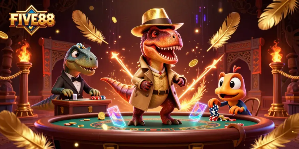 FIVE88 features a velociraptor card counter and stegosaurus pit boss amid an exciting casino scene.