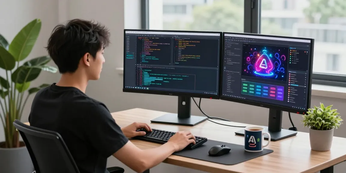 Developer showcasing kobold ai in a modern tech workspace with multiple screens and coding elements.