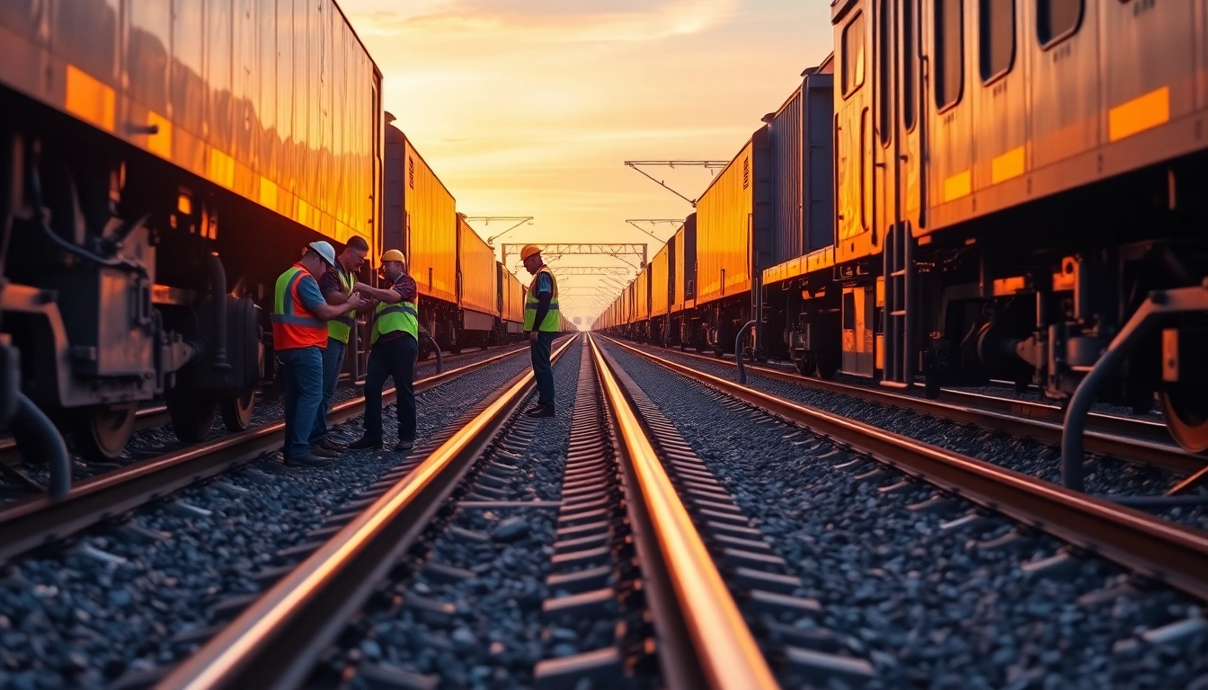 Railroad maintenance services team conducting track inspections with precision equipment.