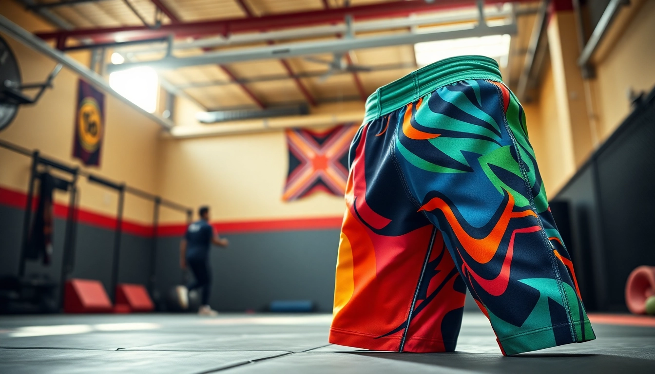 Showcasing Brazilian Jiu-Jitsu shorts with vibrant patterns and textures in a gym setting.