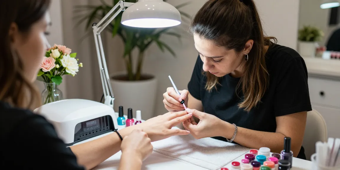 Tehnician profesionist de unghii aplicând gel constructie unghii într-un salon de înfrumusețare, creând artă pe unghii elegantă cu lacuri colorate.