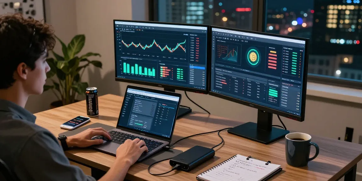 bitcoin mining investment workspace with cryptocurrency charts and hardware wallet