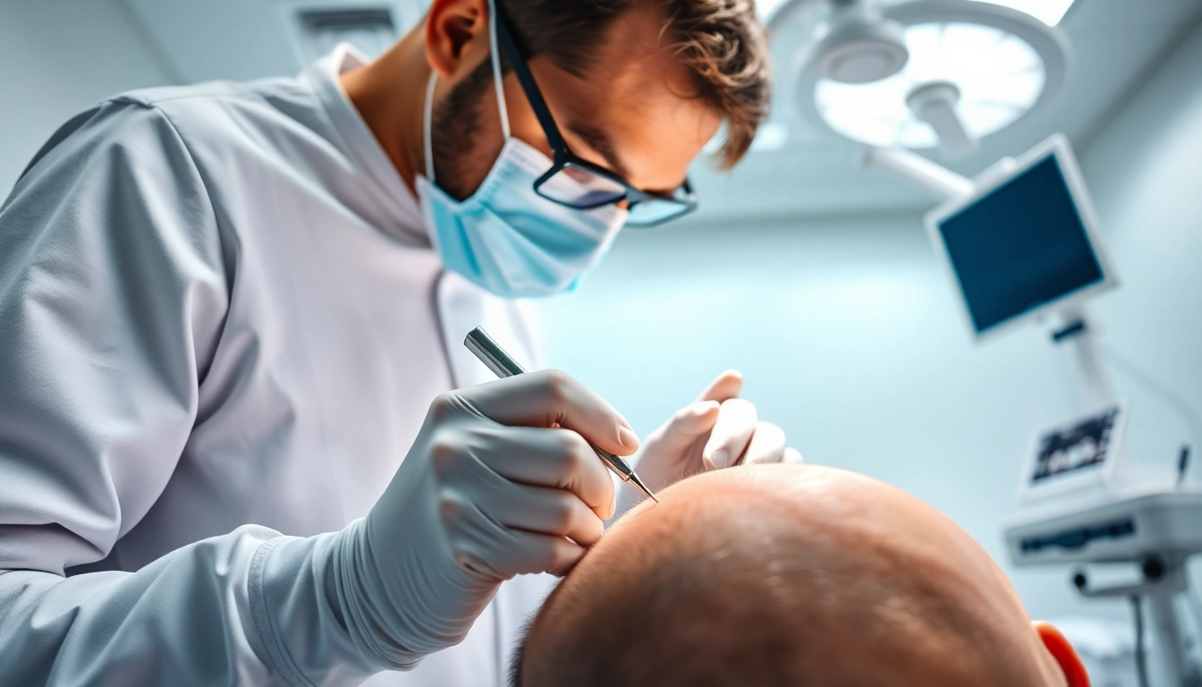 Expert performing a hair transplant turkey procedure with advanced technology in a modern clinic.