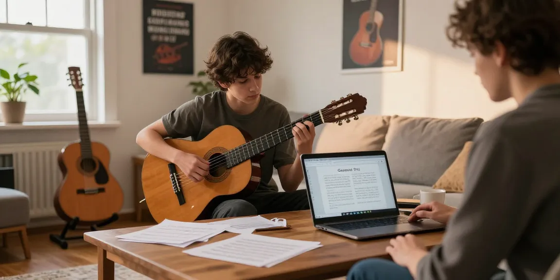 Student learning from a classical guitar teacher online in a cozy home studio.